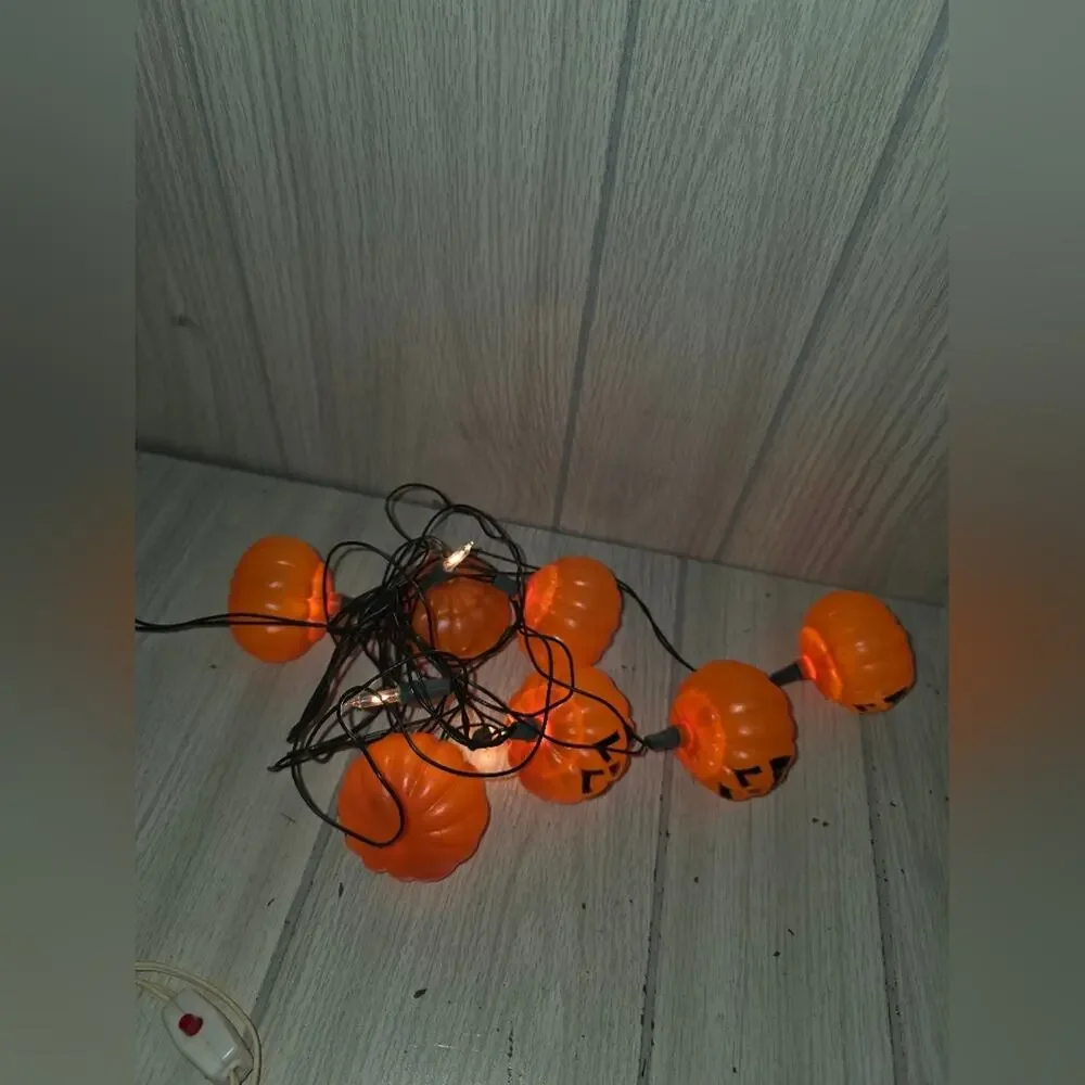 Vtg Jack-O-Lantern Blow Mold String Lights Halloween Pumpkins Set Of Two